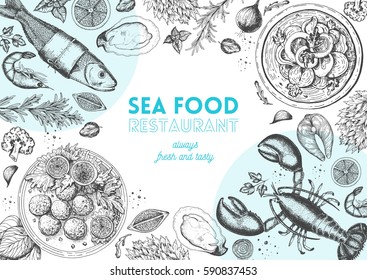 Vintage seafood frame vector illustration. Hand drawn with ink. Cooked seafood dish on the table top view. Hand drawn lobster, perch, oysters and shrimps. Engraved style image