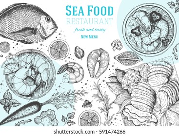 Vintage seafood frame vector illustration. Hand drawn with ink. Cooked seafood dish on the table top view. Engraved style image