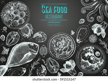 Vintage seafood frame vector illustration. Hand drawn with ink. Cooked seafood dish on the table top view.  Engraved style image