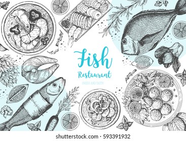 Vintage seafood frame vector illustration. Hand drawn with ink. Cooked seafood dish on the table top view. Hand drawn fish dishes, perch, oysters and shrimps. Engraved style image