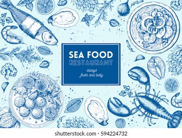 Vintage seafood frame vector illustration. Hand drawn with ink. Cooked seafood dish on the table top view. Engraved style image