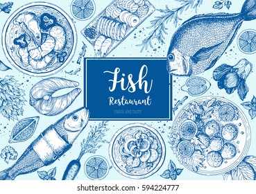 Vintage seafood frame vector illustration. Hand drawn with ink. Cooked seafood dish on the table top view. Engraved style image