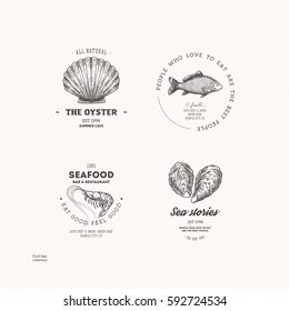 Vintage seafood logo collection. Engraved logo set. Vector illustration