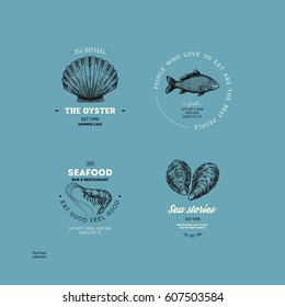 Vintage seafood logo collection. Engraved logo set. Vector illustration