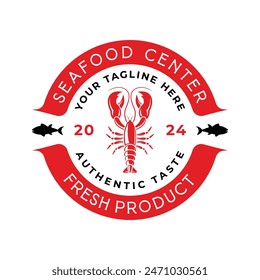 Vintage seafood logo design vector isolated. Seafood ornament logo vector design element isolated in white background. Seafood logo ornament with red colour