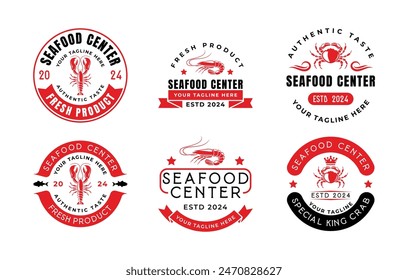 Logotipos de mariscos de Antiguas diseñan Plantillas de Vector. Colección de Elementos de diseño de Vector con logotipo de ornamento de mariscos. Logotipos de mariscos con Paquete de color rojo