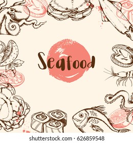 Vintage seafood menu background with octopus, crab, fish and sushi