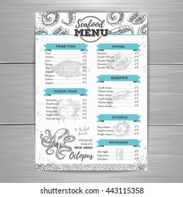 Vintage Seafood Menu Design. 