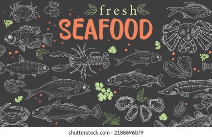 Vintage seafood menu design drawn in chalk on a blackboard. A frame for advertising a fish products store.