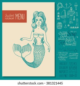 Vintage seafood menu design. Hand draw font lettering. 