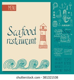 Vintage seafood menu design. Hand drawn font lettering. 