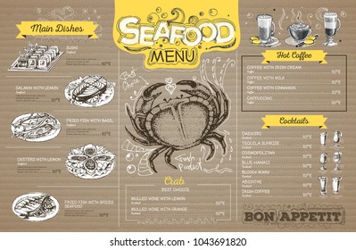 Vintage seafood menu design on cardboard. Restaurant menu