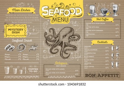 Vintage seafood menu design on cardboard. Restaurant menu