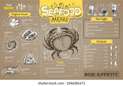 Vintage seafood menu design on cardboard. Restaurant menu