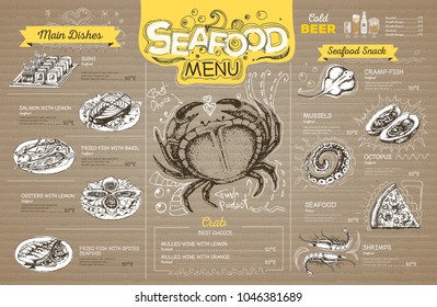 Vintage seafood menu design on cardboard. Restaurant menu