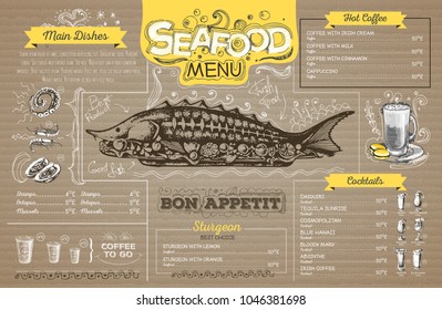 Vintage seafood menu design on cardboard. Restaurant menu