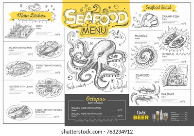 Vintage seafood menu design. Restaurant menu