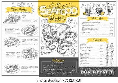 Vintage seafood menu design. Restaurant menu