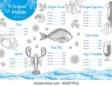 Vintage seafood menu design.Vector illustration document template