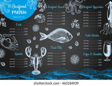 Vintage seafood menu design.Vector illustration document template