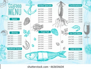 Vintage seafood menu design.Vector illustration document template