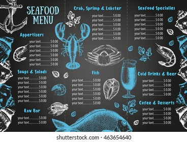 Vintage seafood menu design.Vector illustration document template