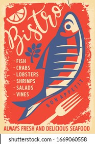 Vintage seafood menu for restaurant or bistro with fresh fish drawing. Retro fish illustration on old paper texture.