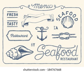 Vintage seafood restaurant collection of decorations, frames and icons