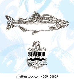 Vintage seafood sketch background. Hand drawn salmon fish vector illustration.