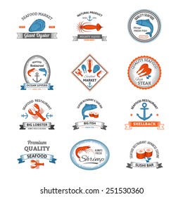 Vintage seafood traditional products restaurant emblems colored set isolated vector illustration