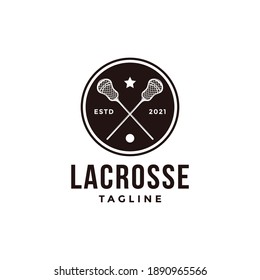 Vintage seal badge lacrosse sport logo with crossed lacrosse stick and ball vector icon on white background