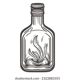 Vintage sealed bottle with liquid. Glass bottle with herbal infusion, hand engraved. Sketch potion in container, isolated vector illustration