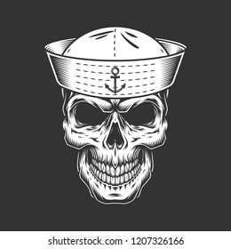 Vintage seaman skull in sailor hat in monochrome style isolated vector illustration