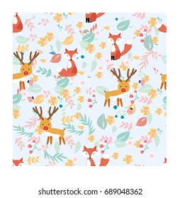 Vintage seamless adorable cute fox and pretty Christmas reindeer pastel cartoon comic with romantic pretty flower and leaf background pattern vector,illustration doodle art style