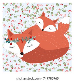 Vintage seamless adorable cute sleeping mother mom fox wolf and son daughter on pretty cherry pastel cartoon comic,with romantic flower and leaf hand draw background pattern vector