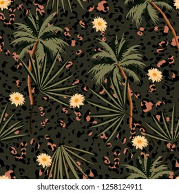 Vintage  seamless animal prints pattern with tropical plants and leopard prints. Vector illustration  design for fashion,fabric,paper, wallpaper, cover,  and all prints on dark green background color