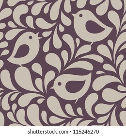 Vintage seamless background with birds and leaves. Vector pattern