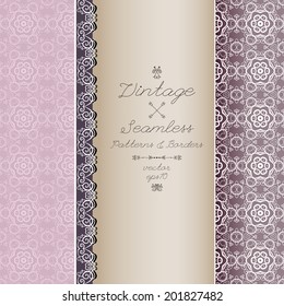 Vintage seamless background and border, invitation with lace, vector