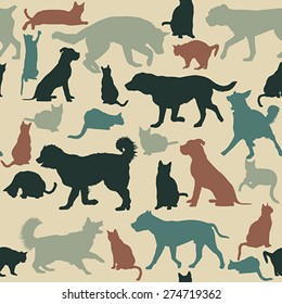 Vintage seamless background with cats and dogs silhouettes