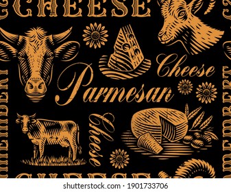 A vintage seamless background for a cheese theme, this design can be used for cheese packages or as a wallpaper.