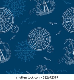 Vintage seamless background with compass, ship and gulls on blue