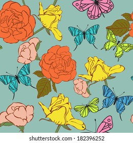 Vintage seamless background with drawing blooming roses and flying butterflies. Retro flower pattern. Vector illustration