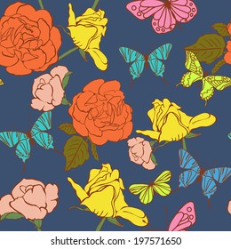 Vintage seamless background with drawing blooming roses and flying butterflies. Retro flower pattern. Vector illustration