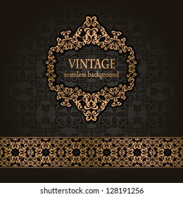 Vintage seamless background with a gold frame and ribbon in retro style