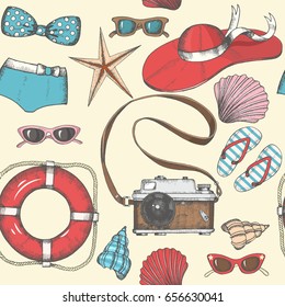 Vintage seamless background with hand drawn summer objects. Vector hat, sunglasses, flip flops, swimsuit, shell, lifebuoy. Pattern can be used for wallpaper, web page background, surface textures.