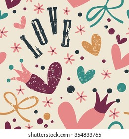 Vintage seamless background with hearts, flowers, crown and bow.