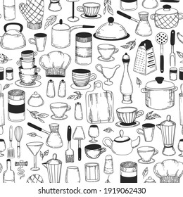 Vintage seamless background. Kitchen tools. Doodle sketch utensils hand-drawn with ink. Can be used for wallpaper, pattern fills, textile, web page background, surface textures.Vector illustration