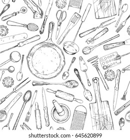 Vintage seamless background. Kitchen tools. 