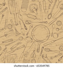 Vintage seamless background. Kitchen utensil on the table. Vintage kitchen tools.