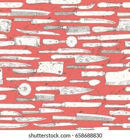 Vintage seamless background - kitchen utensil, knives. 